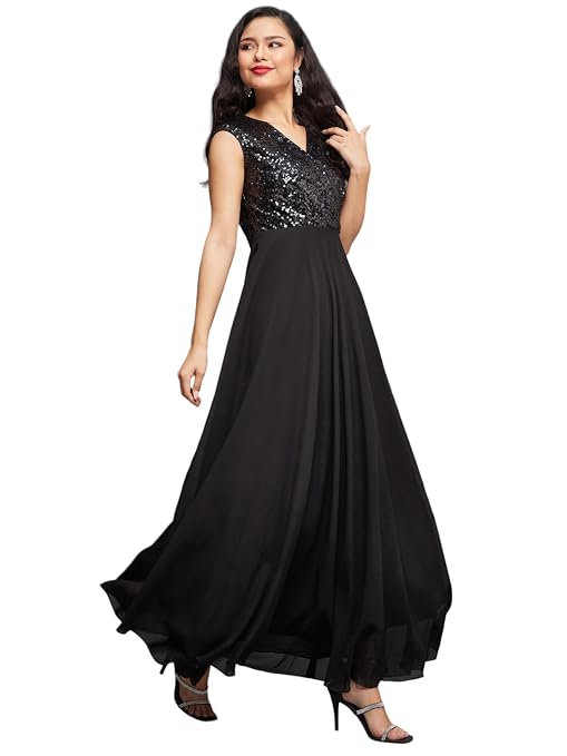 Miss Chase Women's Round Neck Sleeve Embellished Fit Flar